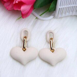 Cream White Heart and Chain Detail Drop Statement Earrings Feminine Chunky
